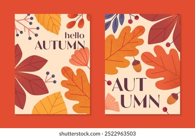 Autumn seasonal posters with leaves,ginkgo,berries,acorns and plants in fall colors.Vector modern illustrations.Trendy autumn templates for prints,ad,social media marketing,branding,packaging,covers.