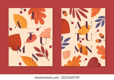 Autumn seasonal posters with leaves,ginkgo,berries,acorns and plants in fall colors.Vector modern illustrations.Trendy autumn templates for prints,ad,social media marketing,branding,packaging,covers.