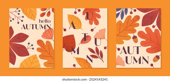 Autumn seasonal posters with leaves,ginkgo,berries,acorns and plants in fall colors.Vector modern illustrations.Trendy autumn templates for prints,ad,social media marketing,branding,packaging,covers.