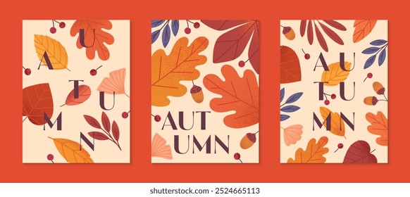 Autumn seasonal posters with leaves,ginkgo,berries,acorns and plants in fall colors.Vector modern illustrations.Trendy autumn templates for prints,ad,social media marketing,branding,packaging,covers.