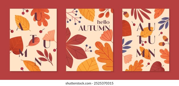 Autumn seasonal posters with leaves,ginkgo,berries,acorns and plants in fall colors.Vector modern illustrations.Trendy autumn templates for prints,ad,social media marketing,branding,packaging,covers.