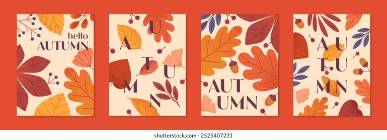 Autumn seasonal posters with leaves,ginkgo,berries,acorns and plants in fall colors.Vector modern illustrations.Trendy autumn templates for prints,ad,social media marketing,branding,packaging,covers.