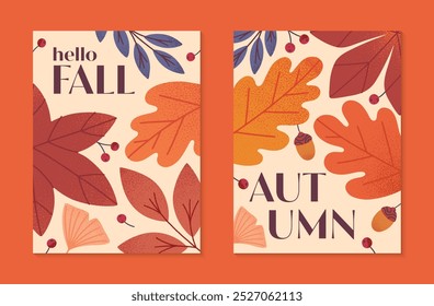 Autumn seasonal posters with leaves,ginkgo,berries,acorns and plants in fall colors.Vector modern illustrations.Trendy autumn templates for prints,ad,social media marketing,branding,packaging,covers.