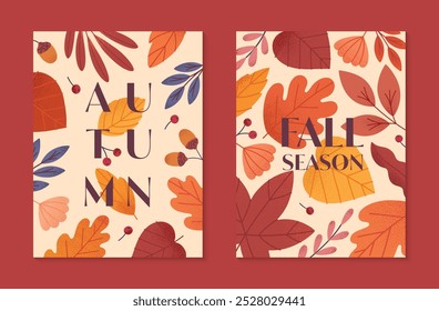 Autumn seasonal posters with leaves,ginkgo,berries,acorns and plants in fall colors.Vector modern illustrations.Trendy autumn templates for prints,ad,social media marketing,branding,packaging,covers.