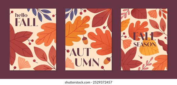 Autumn seasonal posters with leaves,ginkgo,berries,acorns and plants in fall colors.Vector modern illustrations.Trendy autumn templates for prints,ad,social media marketing,branding,packaging,covers.