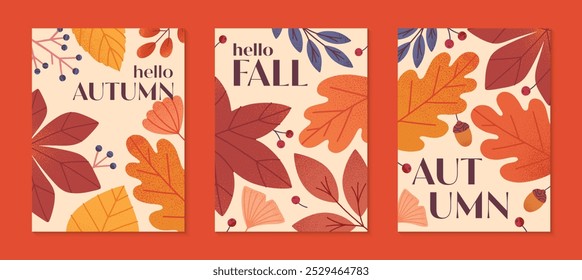 Autumn seasonal posters with leaves,ginkgo,berries,acorns and plants in fall colors.Vector modern illustrations.Trendy autumn templates for prints,ad,social media marketing,branding,packaging,covers.