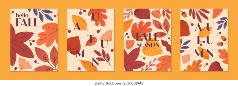 Autumn seasonal posters with leaves,ginkgo,berries,acorns and plants in fall colors.Vector modern illustrations.Trendy autumn templates for prints,ad,social media marketing,branding,packaging,covers.