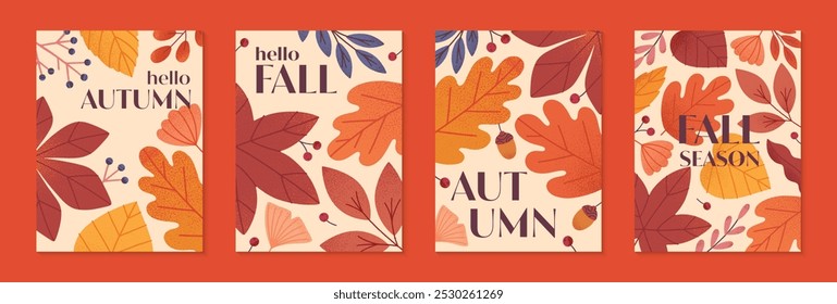 Autumn seasonal posters with leaves,ginkgo,berries,acorns and plants in fall colors.Vector modern illustrations.Trendy autumn templates for prints,ad,social media marketing,branding,packaging,covers.