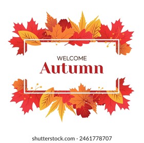 Autumn seasonal rectangle frame isolated on white background. Colorful autumn frame with leaves for text. Autumn promo poster. Seasonal banner or greeting card for autumn. Vector stock
