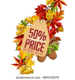 Autumn seasonal sale badge, vector illustration. Exclusive price, special offer label in vintage style on white background with colorful autumn leaves. Incredible sale proposition