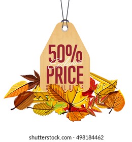 Autumn seasonal sale badge, vector illustration. Exclusive price, special offer label in vintage style on white background with colorful autumn leaves. Retro design promotional badge