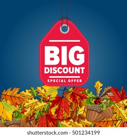 Autumn seasonal sale badge, vector illustration. Big discount, special offer label on blue background with colorful autumn leaves. Red price tag with white text. Incredible sale proposition