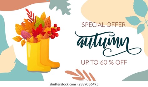 Autumn Seasonal Sale banner decorated with fall leaves bouquet in rubber boots