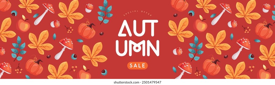 Autumn seasonal sale banner with floral elements and autumn attributes. Vector illustration