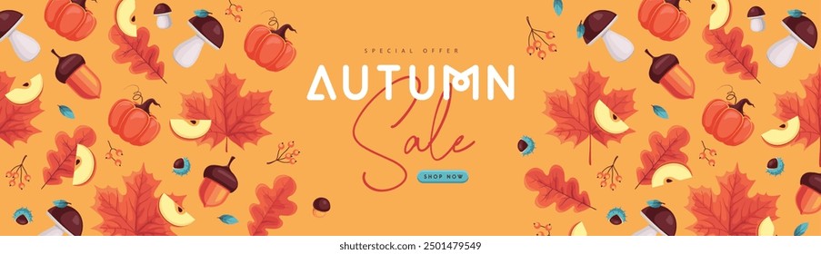 Autumn seasonal sale banner with floral elements and autumn attributes. Vector illustration