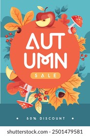 Autumn seasonal sale banner with floral elements and autumn attributes. Vector illustration