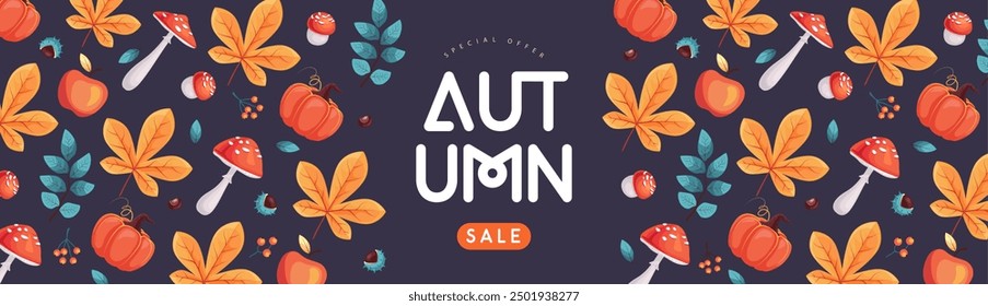 Autumn seasonal sale banner with floral elements and autumn attributes. Vector illustration