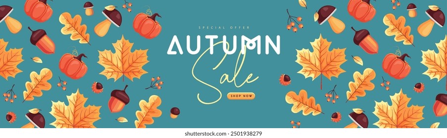 Autumn seasonal sale banner with floral elements and autumn attributes. Vector illustration