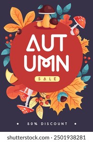 Autumn seasonal sale banner with floral elements and autumn attributes. Vector illustration