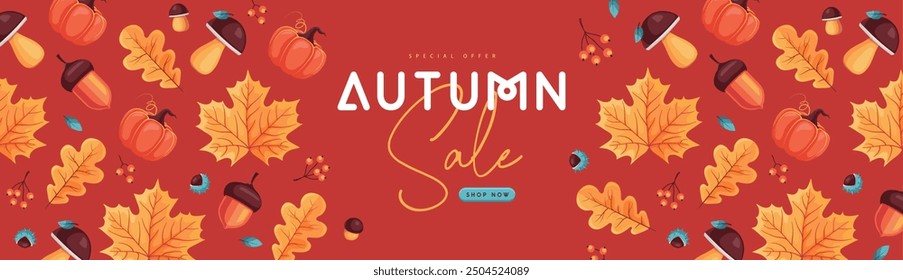 Autumn seasonal sale banner with floral elements and autumn attributes. Vector illustration