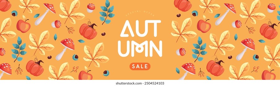 Autumn seasonal sale banner with floral elements and autumn attributes. Vector illustration