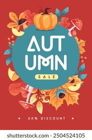 Autumn seasonal sale banner with floral elements and autumn attributes. Vector illustration