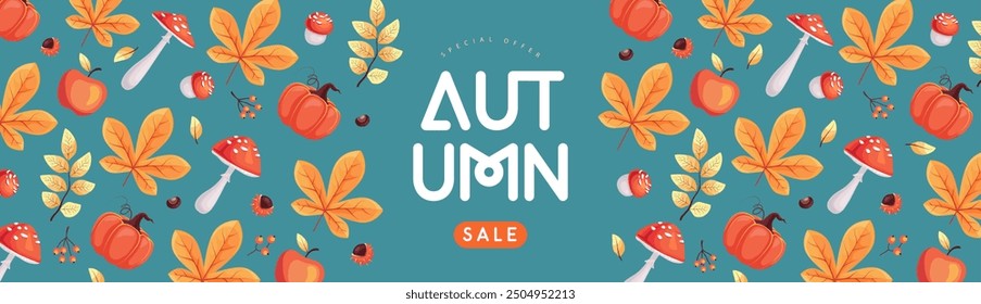 Autumn seasonal sale banner with floral elements and autumn attributes. Vector illustration