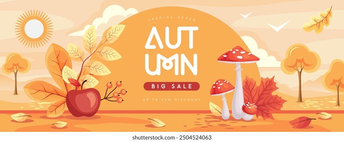 Autumn seasonal sale banner with landscape, mushrooms, falling leaves, floral elements and autumn attributes. Vector illustration