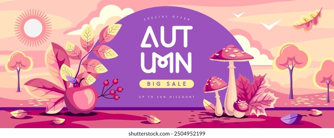 Autumn seasonal sale banner with landscape, mushrooms, falling leaves, floral elements and autumn attributes. Vector illustration