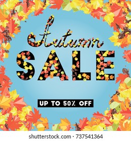 Autumn seasonal sale banner. Many colorful autumn leaves confetti in frame. Vector illustration.