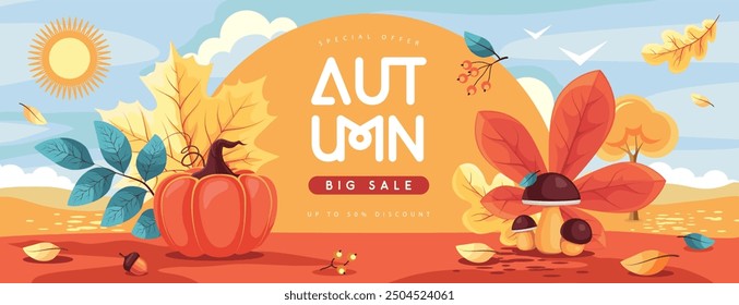 Autumn seasonal sale banner with pumpkin, mushrooms, falling leaves, floral elements and autumn attributes. Vector illustration