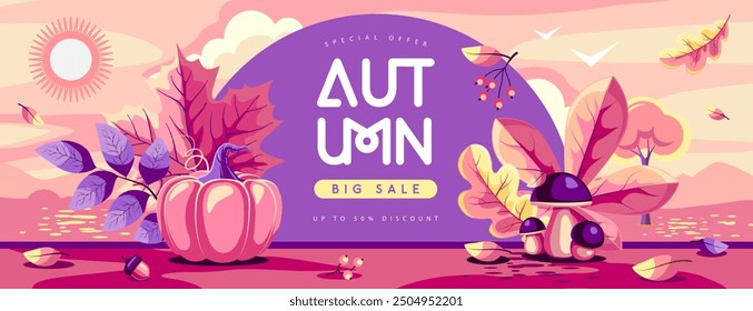 Autumn seasonal sale banner with pumpkin, mushrooms, falling leaves, floral elements and autumn attributes. Vector illustration