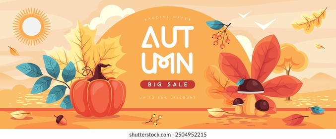 Autumn seasonal sale banner with pumpkin, mushrooms, falling leaves, floral elements and autumn attributes. Vector illustration