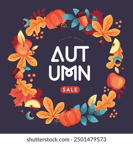 Autumn seasonal sale banner with wreath, floral elements and autumn attributes. Vector illustration