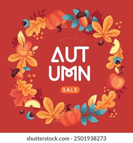 Autumn seasonal sale banner with wreath, floral elements and autumn attributes. Vector illustration