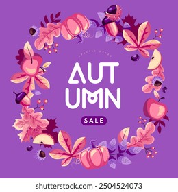 Autumn seasonal sale banner with wreath, floral elements and autumn attributes. Vector illustration