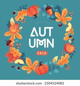 Autumn seasonal sale banner with wreath, floral elements and autumn attributes. Vector illustration