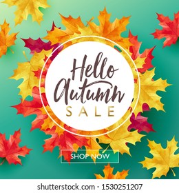 Autumn seasonal sale discount marketing design layout. Hello autumn banner concept. Maple theme design on green gradient background. Vector illustration template.