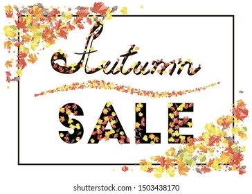 Autumn seasonal sale frame with maple oak ash leaves. Scattered red orange foliage decoration on white background. Vector fall flat illustration.