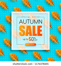 Autumn seasonal sale. Promotion card with orange leaves. Special offer. Online shopping. Vector background. 