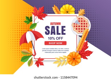 Autumn seasonal sale vector banner, poster template. White square frame background with fall harvest, food, accessories and leaves.