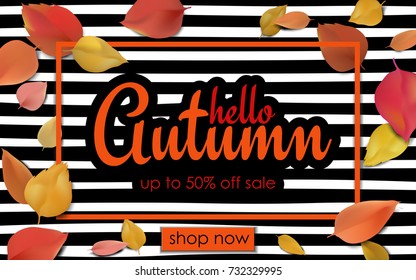 Autumn seasonal sale web banner offer. 3d realistic mockup white wooden plank orange yellow leaves frame background. Promotional template discount poster fall vector illustration