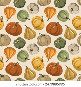 Autumn seasonal seamless pattern with colorful pumpkins on a bright background. Vector illustration. Fall harvest, Thanksgiving wallpaper, graphic.