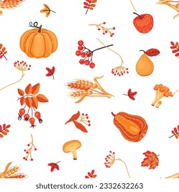 Autumn seasonal seamless pattern with pumpkins.Mushrooms,apples,pears,berries and fallen leaves.Organic print with ears and wild rose.Colorful  elements on white background.Vector flat illustration.