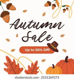 Autumn seasonal template with pumpkins, acorns, fall leaves for promoting up to 50% off discounts on white background. Original template of fall offers in style of seasonal sales advertising. 