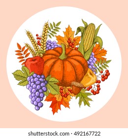Autumn Seasonal Thanksgiving Day Concept with Pumpkin Corn and Grape Isolated on White Circle