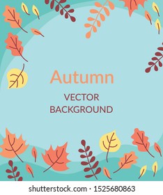 Autumn seasonal vector background frame or border with autumn sale text and colorful hand drawn fallen autumn leaves, maple, oak and linden on blue background with copy space. eps10 vector