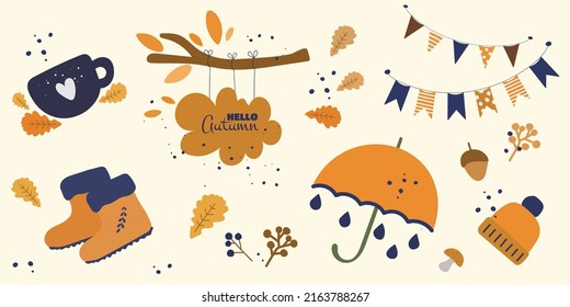 Autumn seasonal vector cozy illustration with orange leaves, umbrella and warm hat and boots. Fall cartoon paint