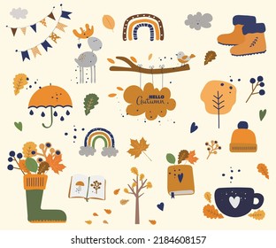 Autumn seasonal vector cozy illustration with orange leaves, umbrella and warm hat and boots. Fall cartoon paint with rainbow and deer