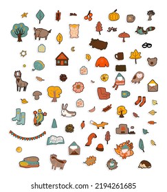 autumn seasonal vector illustration stickers set with animals